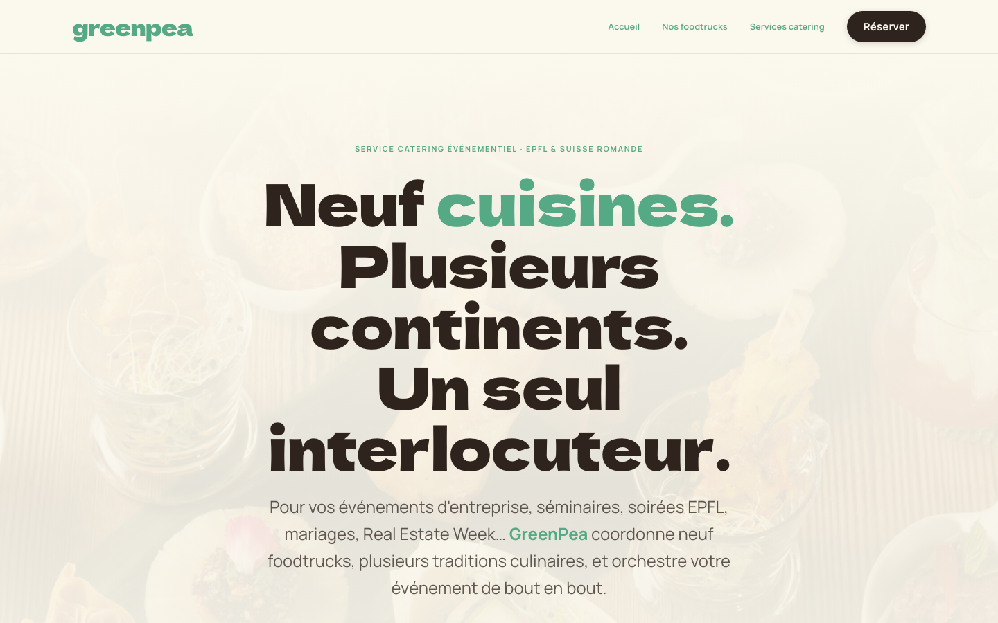 Page d'accueil GreenPea Catering en version desktop