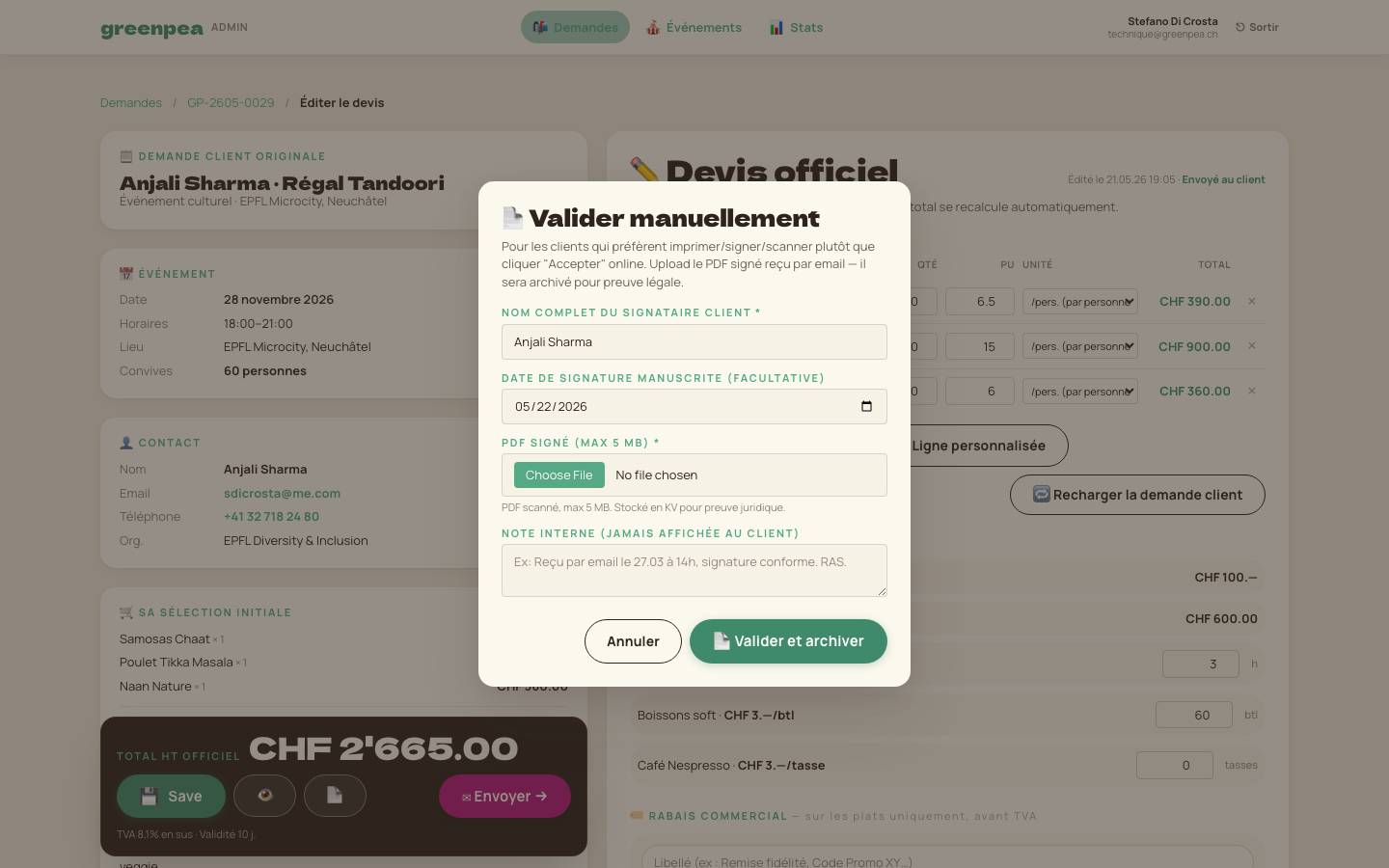 Modal valider manuellement avec upload PDF